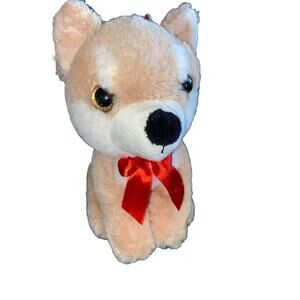 Walmart Brown Dog Stuffed Plush Animal Toy Security Red Bow Sparkle Eyes Sitting